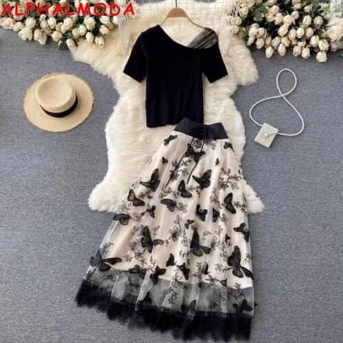 ALPHALMODA New Skew Collar Short-sleeved Tshirt + Embroidery Butterfly Gauze Skirt Women 2pcs Trendy Clothes Suit