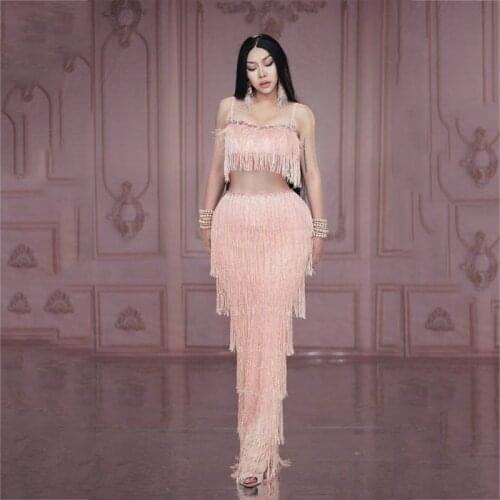 Pink Tassel Sleeveless Long Dress Skirt Frined Dress Rave Outfit Women Nightclub Evening Dresses Drag Queen Costumes XS1365