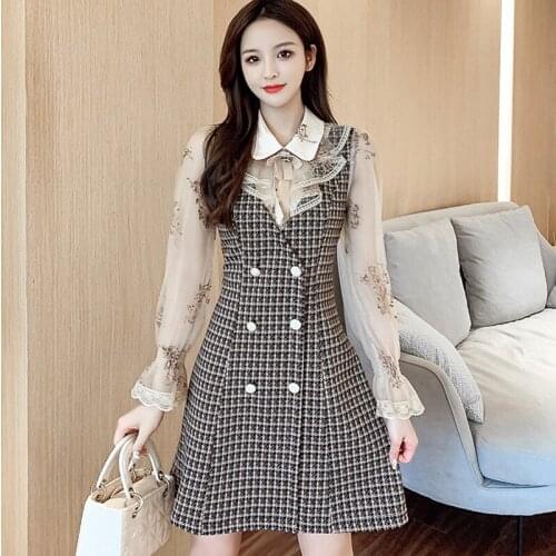 2021 Autumn Fashion temperament women turn down collar sequin embroidery mesh sleeves stitching plaid tweed dress