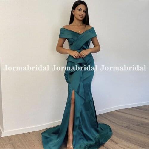 Aquamarine Shiny Satin Evening Dress With Ruffles 2021 Off Shoulder V-Neck Front Slit Mermaid Prom Gowns Women Evening Dress