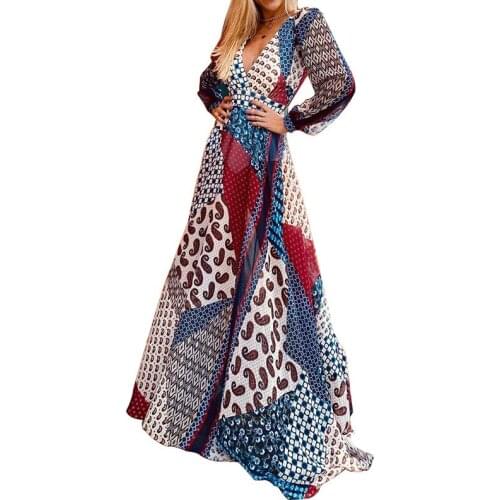 BAMBOOBOY Womens New Elegant Vintage Retro V Neck Open Back Printed A Line Maxi Holiday Bohemian Dress Vestidos FD104