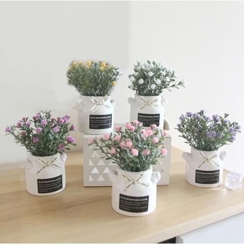 1Pc Potted Artificial Gypsophila Flower Ceramic Milk Bottle Shape Vase Bonsai DIY Garden Wedding Party Decor
