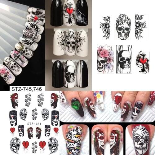 25pcs Nail Stickers Halloween Sets Skull Bone DIY Slider Nail Art Water Decals Manicure Decoration Wraps Nail Foils Party DIY
