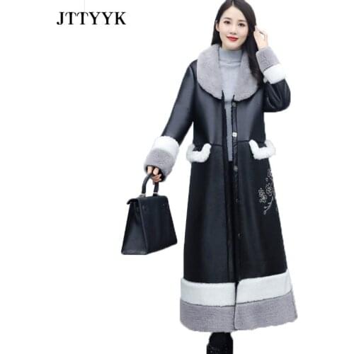 -30 Warm Winter Women PU Leather Jacket New Fashion Fur Thicken Warm Wool Liner Faux Fur Coat Plus Size Long Winter Coat Women