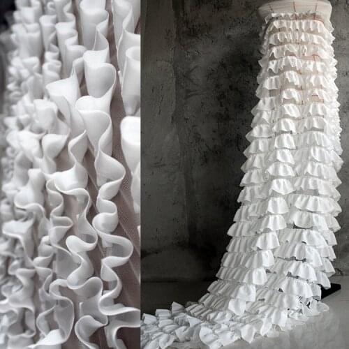 Off white pleated wave mesh fabric mixed with lace women dress accessories cloth material