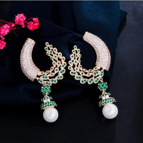 CWWZircons Elegant Green Cubic Zirconia Large Long Dangle Pearl Drop Earrings Statement Indian Gold Wedding Party Jewelry CZ944