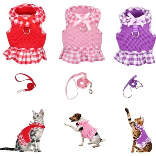 Plaid Cat breathable mesh harness and leash set for puppy pet small dog cat rabbit walking 3 colors Dress