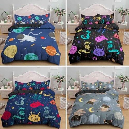 Cartoon Space Cat Bedding Set Single Double Queen King Quilt Comforter Duvet Cover Set With Pillowcase Kids Bed Linen Bedclothes