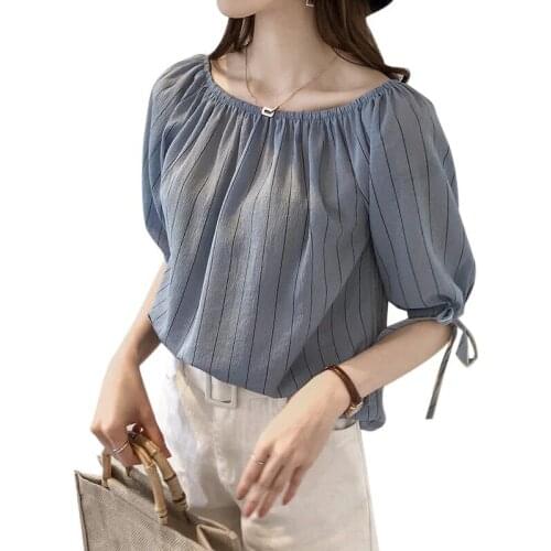 EFINNY Fashion Tops Women Summer Striped Slash Neck Loose Lantern Sleeve Chiffon Blouse Bowknot Casual Tops 2020