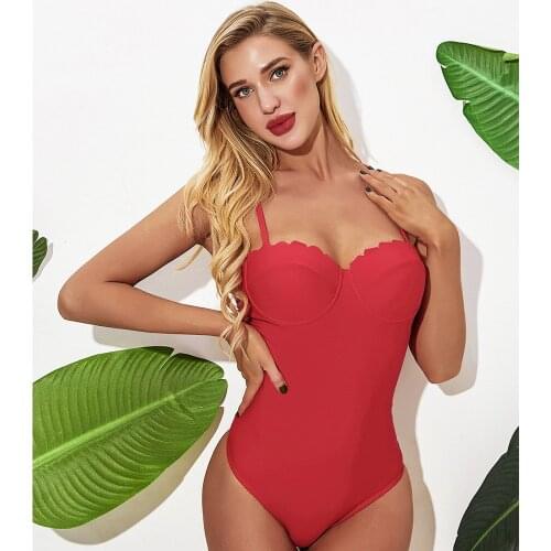 New solid color one-piece swimsuit female halter skirt corrugated sexy slim one-piece bikini swiming suit women