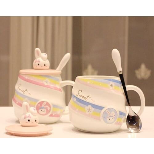 Creative personality mugs with lid and spoon cute trend ceramic cups fresh girlfriends cartoon pot-bellied cups gifts coffee