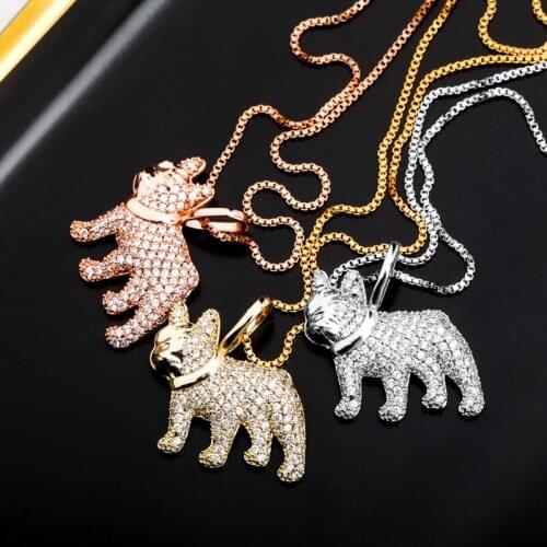 S925 Sterling Silver Bling Ice Out French Fighting Dog Pendants Necklaces for Women Men Hip Hop Fashion Jewelry