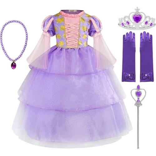 VOGUEON Girls Rapunzel Princess Dress Up Clothes Flared Sleeve Layered Party Costume Children Halloween Tangled Fancy Frocks