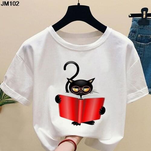 Casual reading cat print Tshirt summer Harajuku womens T shirt fashion Funny graphic short-sleeved tops ladies T-shirt clothing