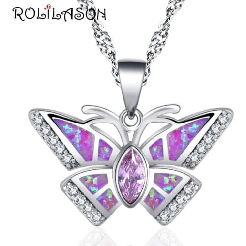 ROLILASON Royal Butterfly Pink Fire Opal silver color Stamped for girl Necklace pendant Fashion Jewelry OP817