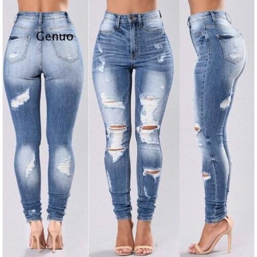 Hole Ripped Jeans Women Cool Denim High Waist Skinny Jeans Slim Pants Pencil Trousers Stretch Denim Skinny Pants