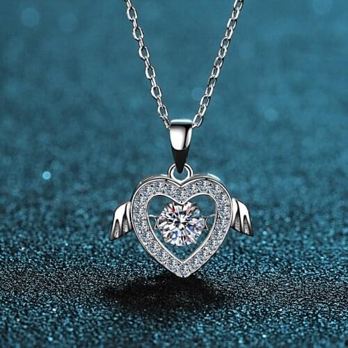 Silver Angel Heart Wing Moissanite Pendant Necklace 0.5 Carat Excellent Cut Diamond Test Passed D Color Good Moissanite Chain
