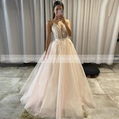 Illusion Light Champagne Glitter Wedding Dresses Spaghetti Strap A-Line Sparkly Wedding Gown Shiny Wedding Party Bride Dress