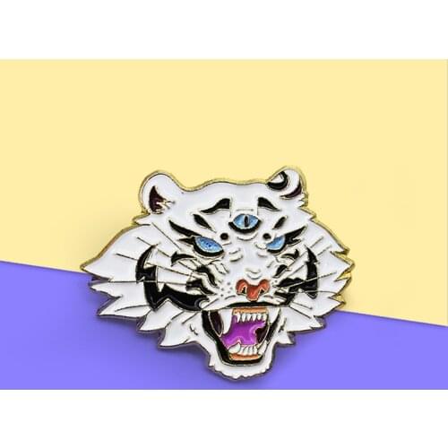 Ferocious White Tiger Brooches White tiger Three eyed tiger Metal Animal Enamel Pins Badge for Women Fashion Lapel Pin Bags Gift