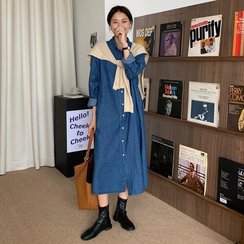 Loose Straight Midi Dresses Women Autumn Brief Casual Denim Long Shirt Dress Cotton Single Breasted