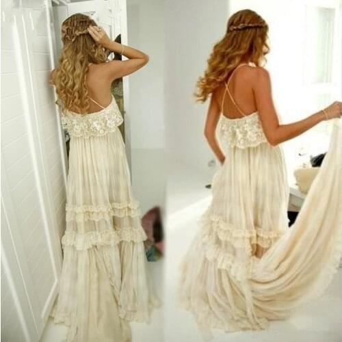 Vintage Hippie Style Boho Beach Wedding Dresses Sexy Spaghetti Straps Tiered Lace Chiffon A Line Gybsy Bridal Gowns
