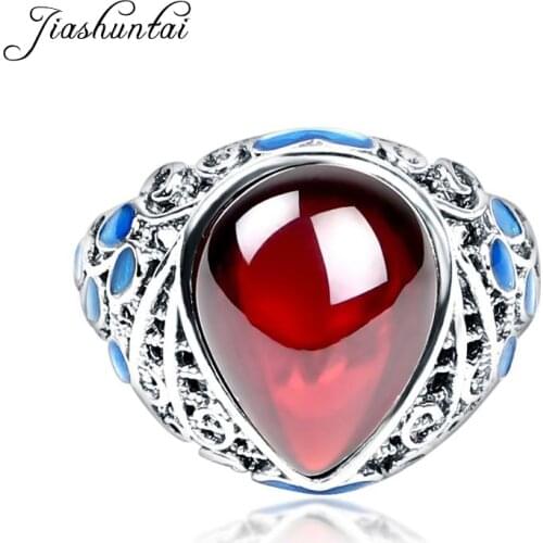 JIASHUNTAI Vintage 925 Sterling Silver Rings Retro Thai Silver Red Stone Ring Cloisonne Enamel Jewelry For Women