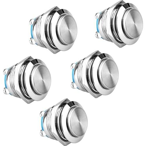 GTBL 5Pcs 19Mm High Round Cap Waterproof Momentary Metal Push Button Switch High Flush Screw Terminals 250V 3A 1NO SPST