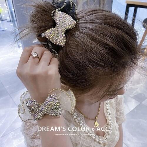 Big love style net red shiny rhinestone bow head rope ins temperament organza large intestine rubber band female