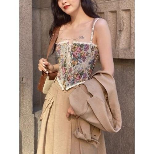 2021 Ladies Camisole French Sleeveless Vest Retro and Exquisite Slim Spring Summer Print Lace Edge Economical Luxury New Type