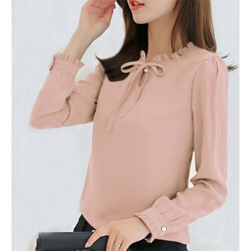 New Fashion Chiffon Blouse Women Spring Autumn Solid Casual Long Sleeve Lace Up Blouse Lady White Office Shirt Blusa Tops AB660