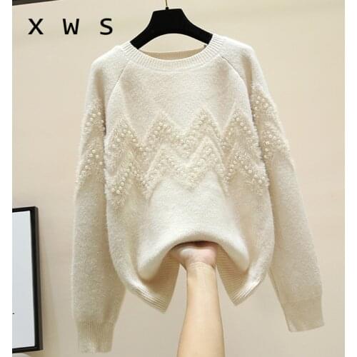 Autumn winter thick mohair sweaters women 2020 loose casual long sleeve o neck beading kint oversized pullover jersey mujer