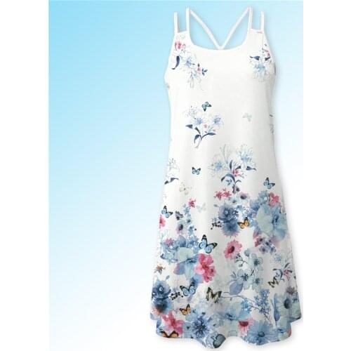 Womens Summer Dress 3d Floral Printing Sling O-neck Hollow Out Slim Bottoming Shirt Dress Casual Loose Beach Dresses Sundress