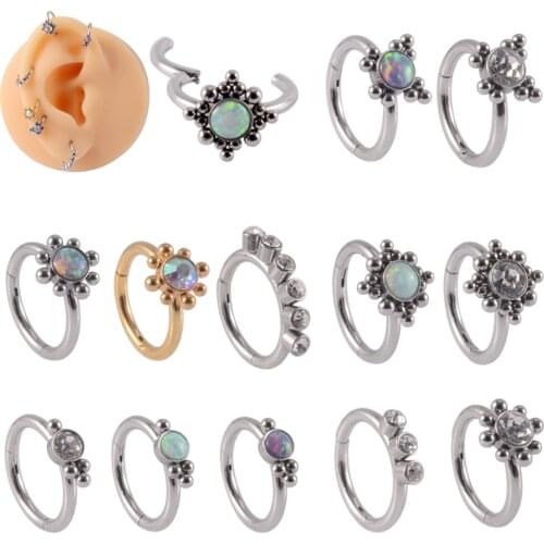 1PC Stainless Steel Septum Clicker Hoop Ring Opal Cluster Ear Tragus Helix Cartilage Zircon Daith Earrings Body Piercing Jewelry