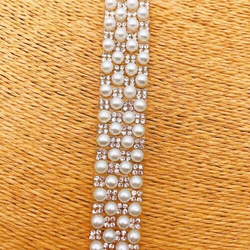 5yards Rhinestone Beaded pearl Iron On Applique Trim Wedding Party Dress Embellishment