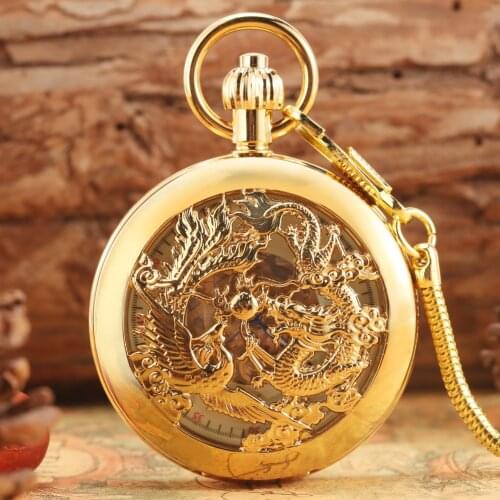 Royal Gold Automatic Mechanical Pocket Watch Men Chic Hollow Dragon Phoenix Style Classic Numerals Dial Pendant Womens Gifts
