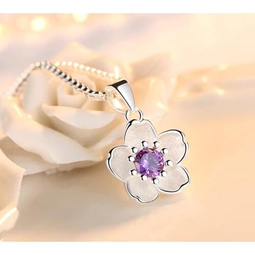 Elegant Rose Sakura Plum Blossom Charm Pendant Silver Color Metal Inlay CZ Crystal Flower Jewelry For Women Lady Necklace