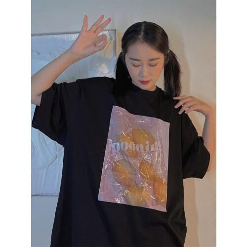Hong Kong Style Street oil painting print short sleeve T-shirt womens summer loose Korean tees