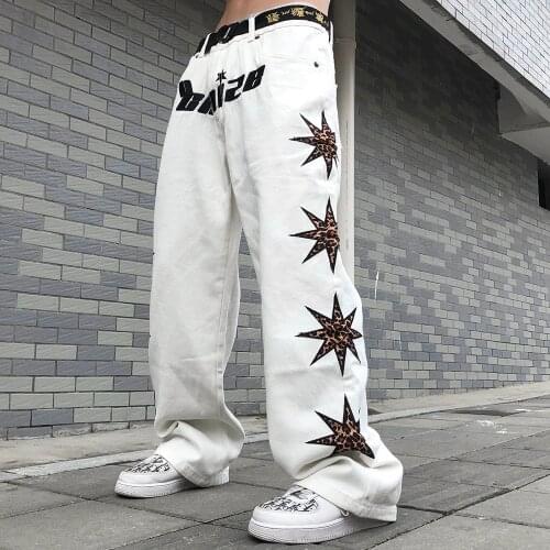 Harajuku Personality Street Womens Jeans Five-pointed Star Patch Leather Letter Embroidery Hip-hop Straight-leg Denim Trousers
