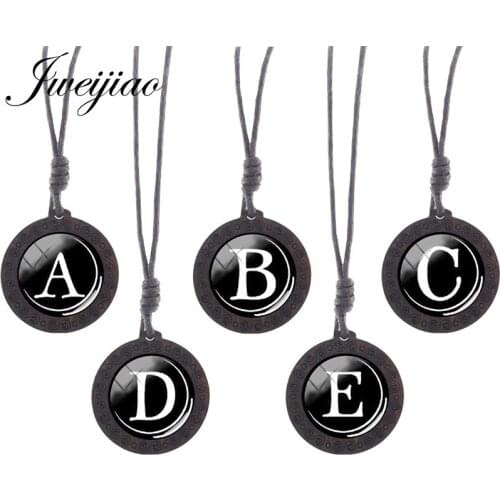 JWEIJIAO Black 26 Letters Rope Chains Necklace Round Glass Pendant Wooden Necklace Fashion Birthday Gifts Charms Jewelry H441