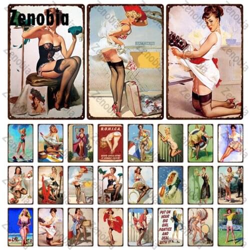Pin Up Girl Metal Sign Wall Stickers Plate Garage Painting Wall Decor Plaque Pin Up Girls Metal Poster for Bedroom Bar Pub Decor
