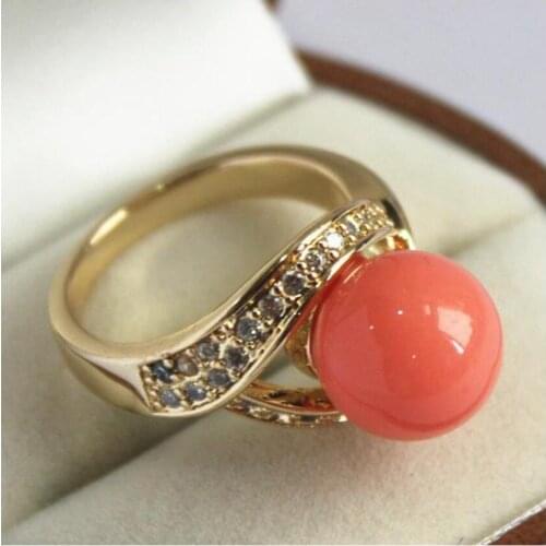 Lovely ladys 18KGP with crystal decorated &12mm salmon pink shell pearl ring