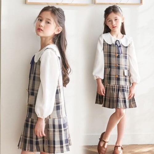 New Elegant Girls Skirts Sets 10 12 years Girls School Uniform Suits Long Sleeve White Blouse Plaid Skirts Teenage Girl Outfit