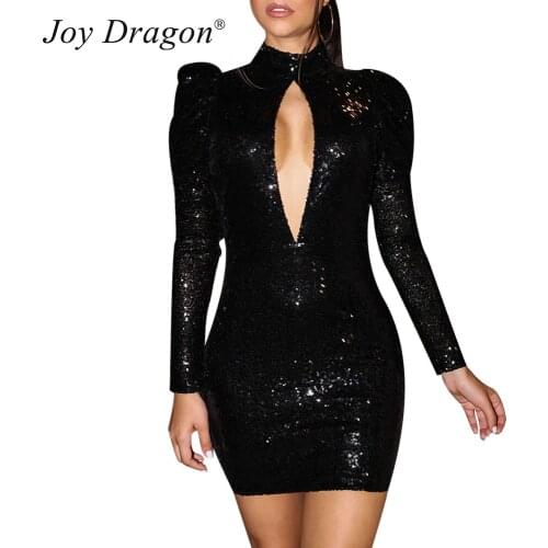 Sequined Bodycon Dress New Spring and Autumn Fashion Solid Slim Ladies Backless Short Dres Long Sleeve Stand Collar Party Dresse