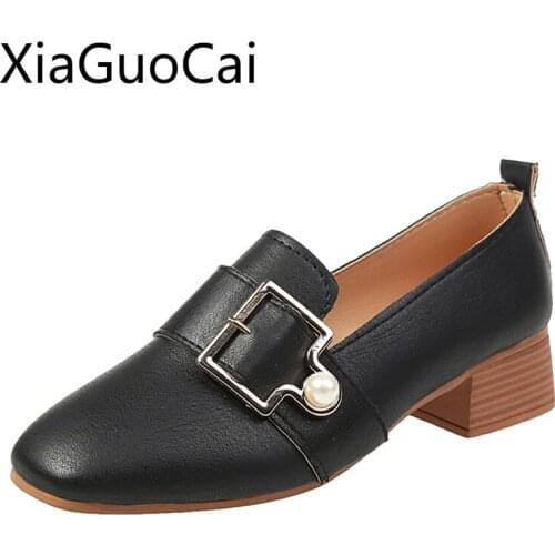 OL Working Fashion Women High Heels Shoes Leather Leisure Female Pumps Square Heels Casual Female Mules for Girls