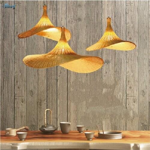 Chinese Southeast Asian Straw Hat Pendant Lights Handmade Bamboo Living Room Restaurant Table Hanging Lamps Art Deco Fixtures