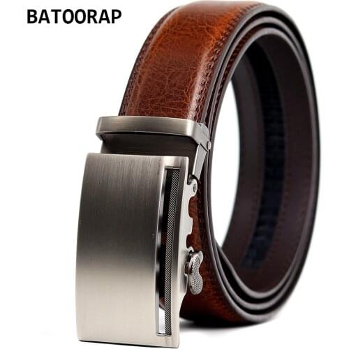 Mens Belt Leather Cowhide Luxury Black Alloy Auto Buckle Formal Waist Strap Male Brown Trouser Belt Ratchet Casual Style ZY-KQS