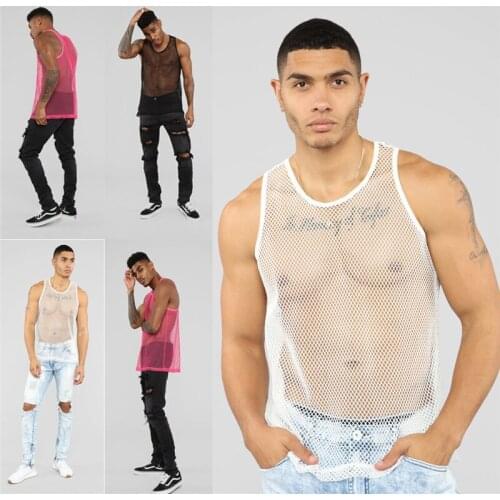 Sexy Men Sleeveless Mesh Sheer Tank Vest Tops Outwear Gym Training Tank Vest Fish Net Hollow Out See Through Sporting Clothing