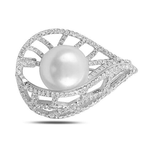 Silver 925 Sterling Pearl & Zircon Crystal Brooch