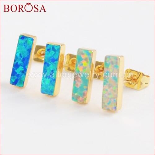 BOROSA 5Pairs Gold Color Rectangle White & Blue Opal Fashion Earrings,Drusy Japanese Opal Stud Earrings for Women G1423