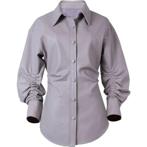 YOLOAgain High Quality Women Single Breasted Drop Shoulder Real Leather Jacket Shirt